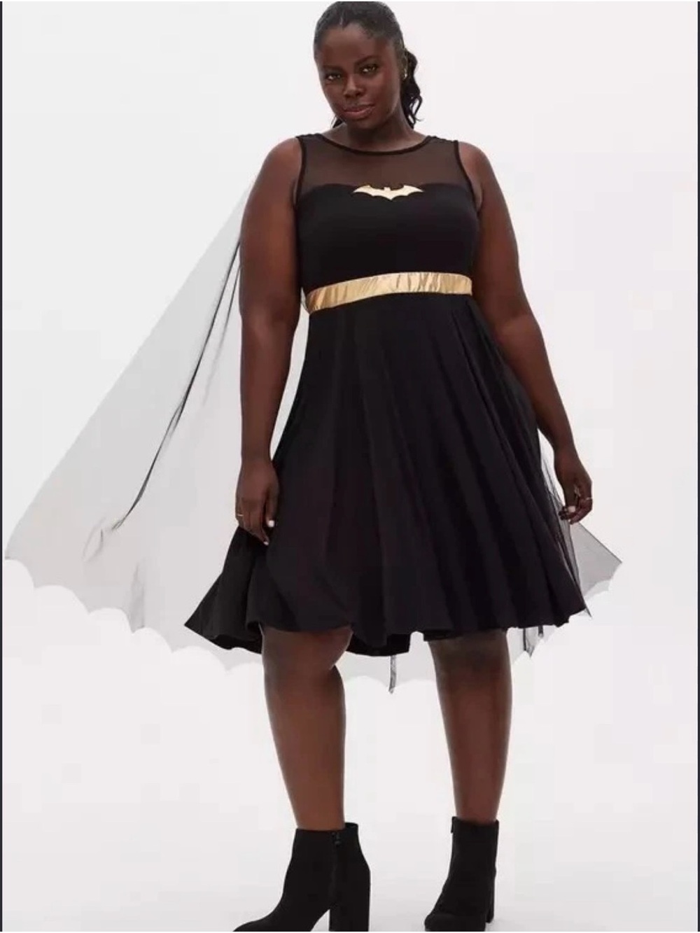 Torrid DC NWT Black Mini Dress with Gold Bat Accent and Gold Waistband